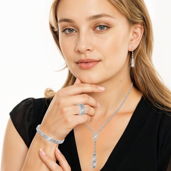 Elegant Silver Clutch Purse and Rhinestone Jewelry Set for Women - Bridal Prom W - Picture 7 of 7